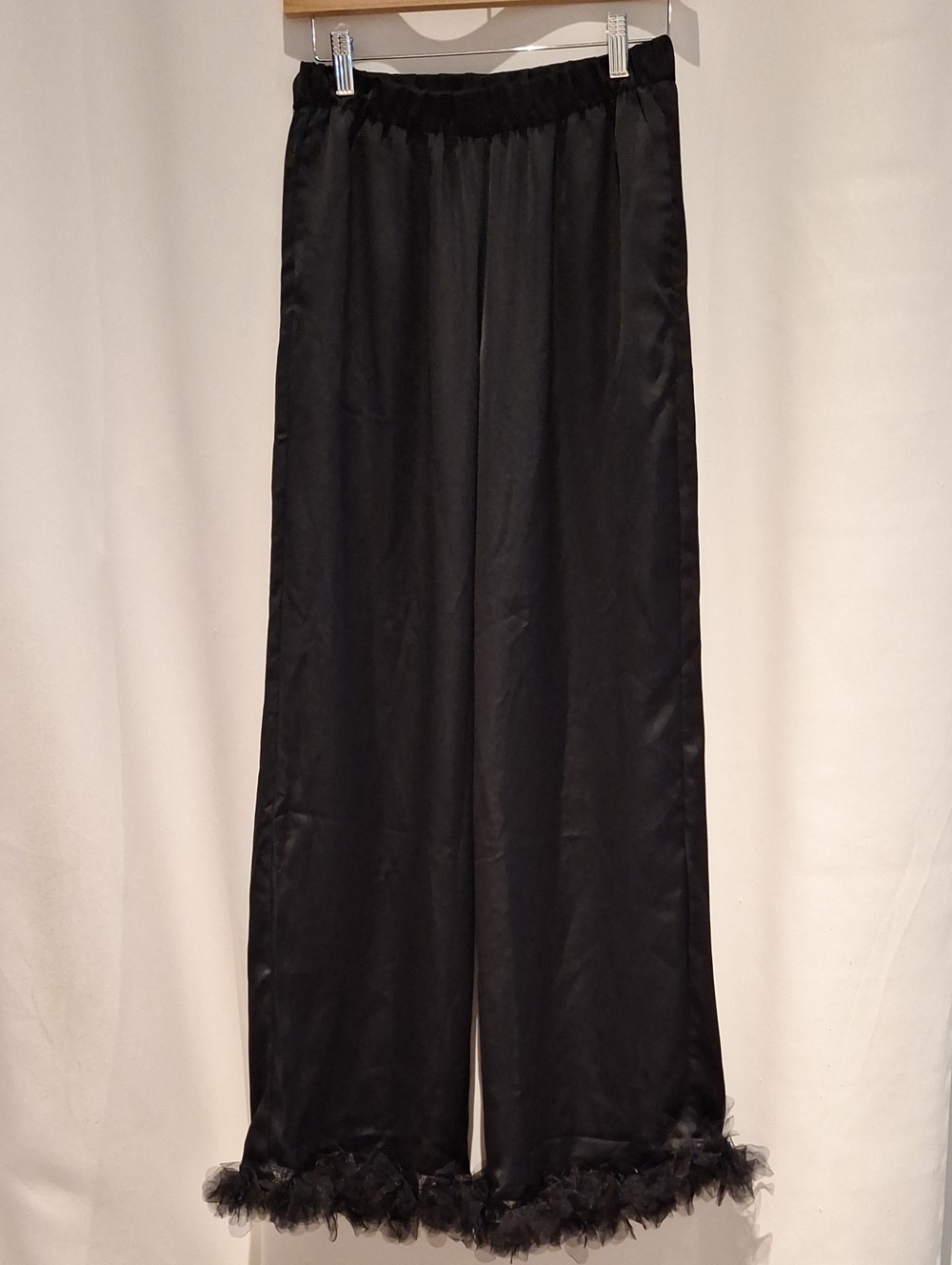 For Love & Lemons Black Satin Wide-Leg Pull On Pants with Tulle Flower Trim